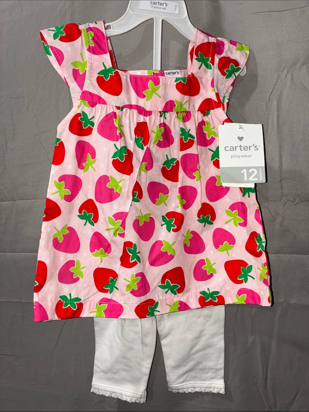 Carter's Pink & Red Strawberry Print Tunic with White Capri Leggings
